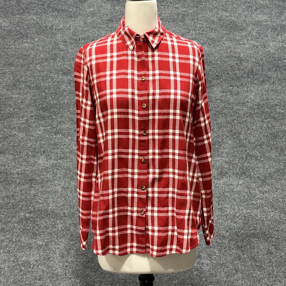 Foxcroft NYC Shirt Womens 6 Red White Plaid Long Sleeve Button Front Relaxed Fit